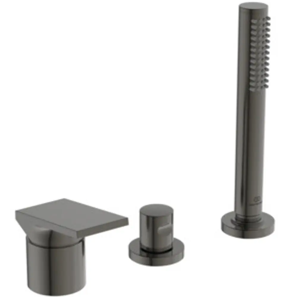 3-Loch-Badearmatur in Magnetic Grey von Ideal Standard, bestehend aus einem Wasserhahn, einer Steuerung und einem Wanneneinlauf, angeordnet in modernem Design.